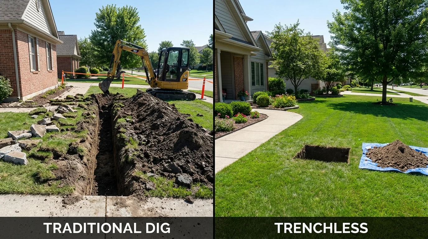 Trenchless sewer repair with minimal yard damage versus traditional excavation in Marion, AR