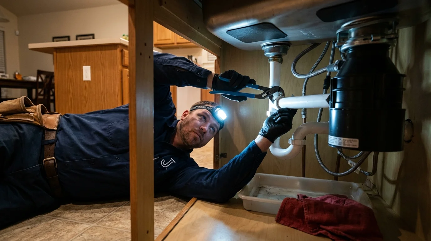 P-trap and supply line connections under a kitchen sink showing a common leak point in Marion, AR